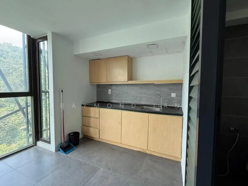 Kitchen features: light wood cabinetry, black granite countertop, grey tile backsplash, single-bowl stainless-steel sink, chrome pull-down faucet, built-in stove, floor-to-ceiling windows, grey ceramic tile flooring; style: modern; view: mountain.