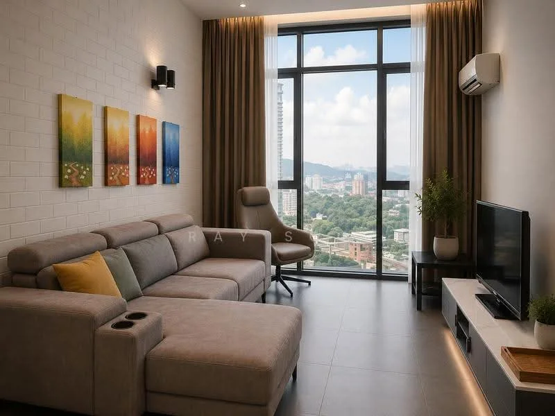 Living features: L-shape sectional sofa in light grey, coffee table, wall-mounted TV, floor-to-ceiling windows, city view, curtains in beige, recessed downlights, decorative wall art with colorful patterns, air conditioning unit, light-colored tile flooring, decorative plant in ceramic pot, armchair in beige; style: modern; view: city.