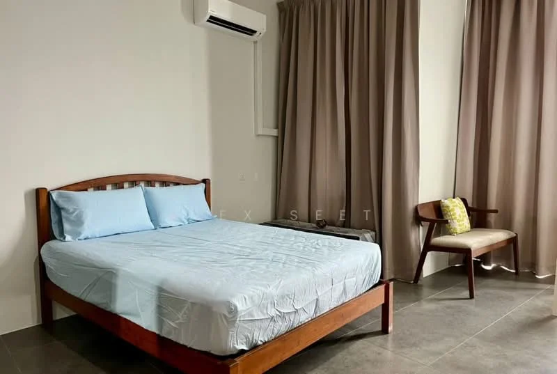 Bedroom features: queen-size bed with wooden frame, light blue bed linens, floor-to-ceiling window with sheer curtains, brown curtains, wooden chair, decorative cushion on chair, wall-mounted split AC, grey tile flooring; style: modern.