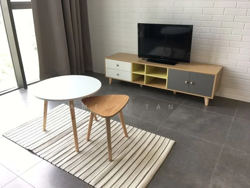 Living features: grey tiled flooring, white painted walls, exposed brick accent wall, floor-to-ceiling windows, light grey curtains, wooden TV console with drawers, black flat-screen TV, round white dining table, wooden chair, striped area rug; style: modern.