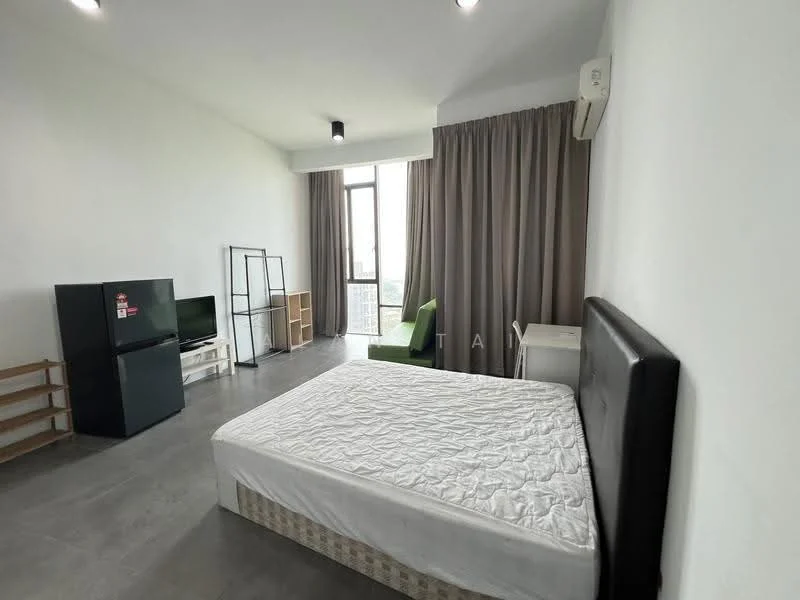 Bedroom features: queen-size bed, upholstered headboard, grey curtains, floor-to-ceiling window, green accent chair, white desk, black TV console, stainless-steel fridge, grey tile flooring, wall-mounted air conditioning unit, LED ceiling lights; style: modern; view: city.