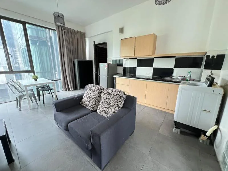 Kitchen features: grey tiled flooring, white painted walls, black and white tiled backsplash, wooden cabinetry in light color, black countertop, stainless-steel fridge, freestanding washing machine, 2-seater dining table, 4 metal dining chairs, floor-to-ceiling windows, curtains, sofa in dark grey fabric; style: modern; view: city.