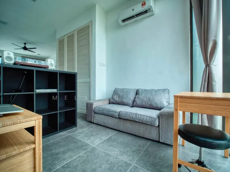 Living features: grey fabric sofa, black bookshelf with cubed storage, wooden study desk, black chair, wall-mounted split AC, large windows with sheer curtains, grey tiled flooring, ceiling fan; style: modern.