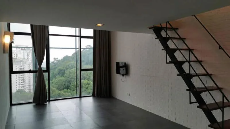 Living features: floor-to-ceiling windows, grey tiled flooring, white painted walls, exposed brick wall, recessed downlights, curtains, wall-mounted TV, staircase with wooden steps and metal railing; style: modern; view: garden.