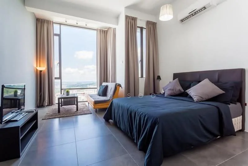 Bedroom features: king-size bed with dark blue bedding, upholstered headboard, floor-to-ceiling windows, sheer curtains, dark grey wall, light grey tiled flooring, 2 bedside lamps, TV console with flat-screen TV, area rug with neutral color, sofa chair in yellow, air conditioning unit, decorative wall art; style: modern; view: city.