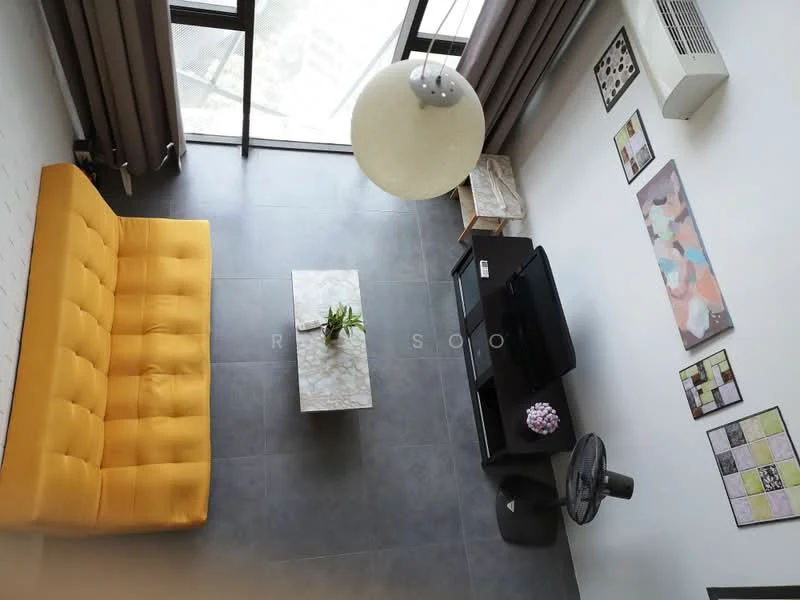 Living features: yellow fabric sofa, coffee table with marble top, wall-mounted TV, freestanding TV cabinet, area rug, floor-to-ceiling windows, curtains, ceiling light fixture, wall-mounted split AC, decorative wall art, potted plant; style: modern; view: city.