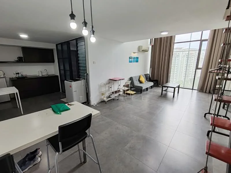 Living features: grey tiled flooring, floor-to-ceiling windows, curtains, sofa in dark grey, coffee table, wall-mounted TV, air conditioning unit, light fixtures with exposed bulbs; style: modern; view: city. Kitchen features: dark cabinetry, white countertop, stainless-steel sink, built-in stove, refrigerator, kitchen island with seating; style: modern. Dining features: white dining table, black dining chairs; style: modern.