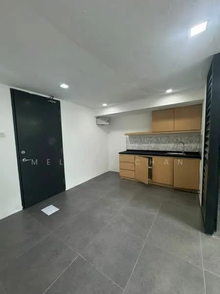Kitchen features: black granite countertop, wood cabinetry, stainless-steel sink, built-in air conditioning unit, grey tile flooring, recessed downlights, white painted walls, kitchen base cabinets; style: modern.