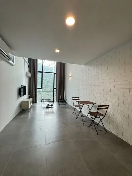 Living features: grey tile flooring, white painted walls, exposed brick wall, floor-to-ceiling windows, curtains, 1 wall-mounted split AC, 2 folding chairs, 1 small coffee table, TV console, wall-mounted TV, recessed downlights; style: modern; view: mountain.