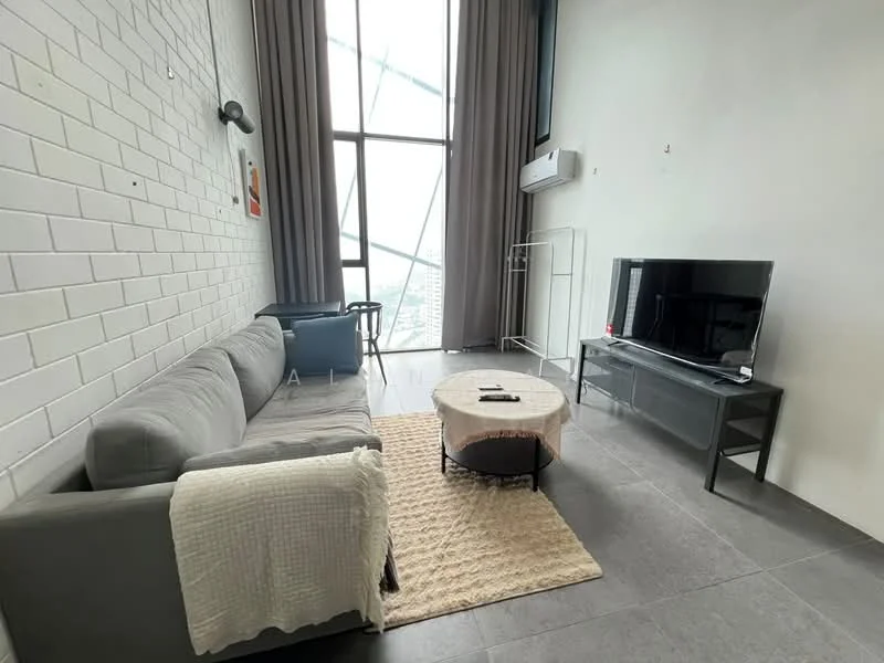 Living features: grey fabric 3-seater sofa, round coffee table, TV console, wall-mounted TV, floor-to-ceiling windows, light grey tile flooring, white painted walls, air conditioning unit, decorative wall art, area rug; style: modern; view: city.