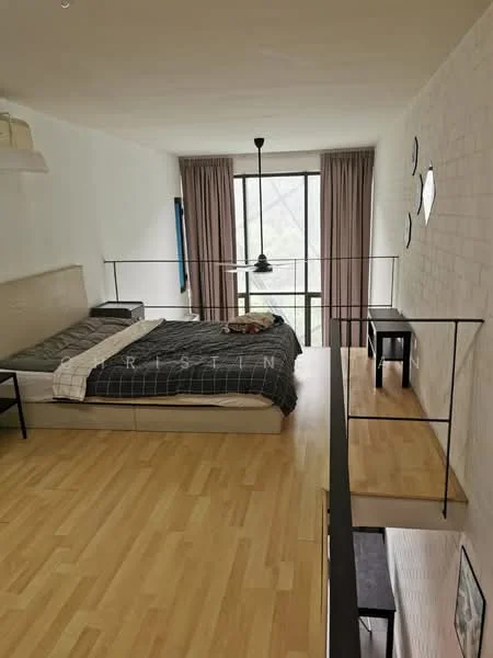 Bedroom features: queen-size bed with grey bedding, wooden flooring, large window with sheer curtains, black metal railing, wall-mounted light fixture, decorative wall mirrors, minimalist bedside tables, open space layout; style: modern; view: garden.