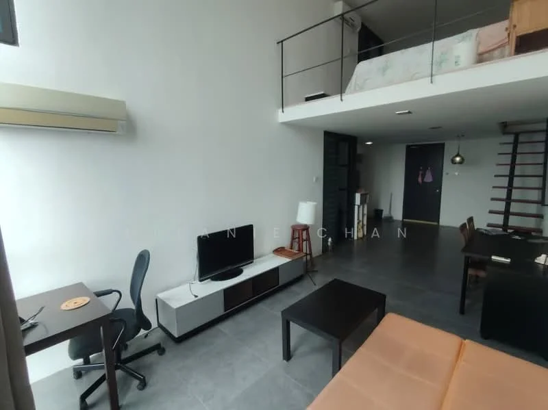 Living features: grey tile flooring, white painted walls, exposed ceiling, 1 wall-mounted split AC, sofa in orange, coffee table in black, TV console with TV, study desk with chair, staircase leading to upper level, recessed downlights; style: modern.