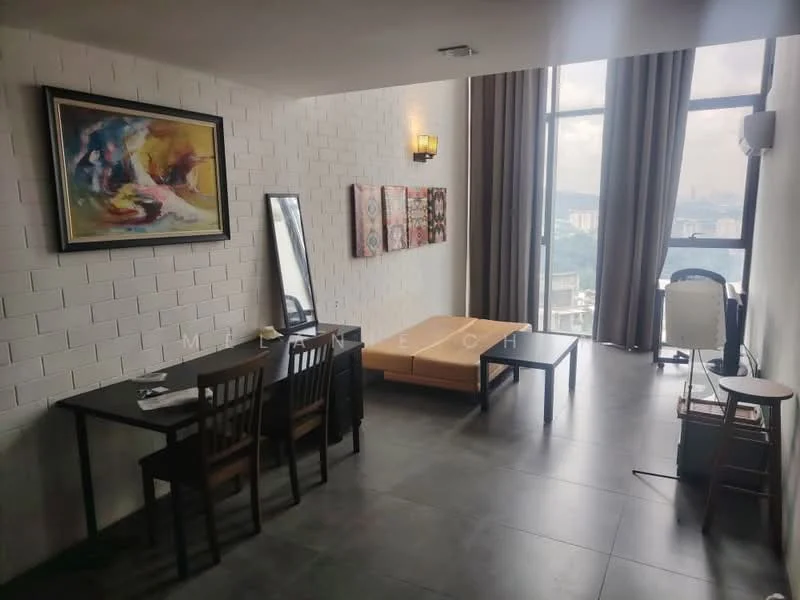 Living features: white painted walls, grey floor tiles, large floor-to-ceiling windows, curtains, wooden dining table, 4 wooden dining chairs, framed artwork on wall, full-length mirror, sofa, side table, decorative wall art; style: modern; view: city.