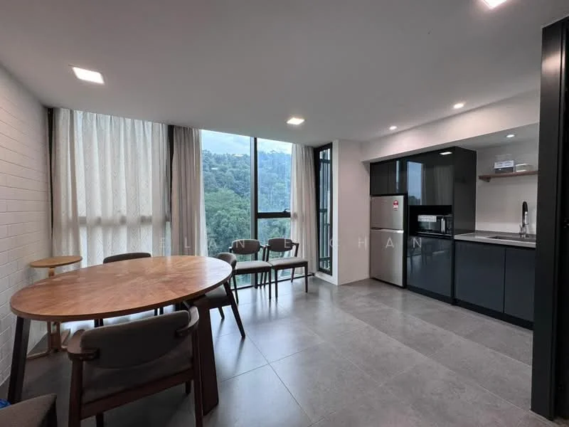 Living features: large floor-to-ceiling windows, white painted walls, grey tile flooring, recessed LED downlights, round wooden dining table, 4 dining chairs, stainless-steel fridge, built-in kitchen cabinets in dark finish, countertop with sink and faucet, microwave, open layout, view of greenery; style: modern; view: garden.