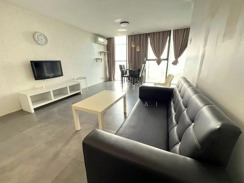 Living features: black leather sofa, white coffee table, wall-mounted TV, TV console, floor-to-ceiling windows, curtains, air conditioning unit, decorative wall clock, grey tiled flooring, suspended light fixtures; style: modern; view: city.