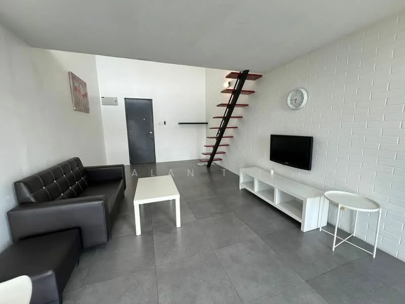 Living features: black leather 3-seater sofa, white coffee table, white TV console, wall-mounted TV, grey tile flooring, white painted walls, exposed brick accent wall, clock on wall, staircase with red steps, door to entrance; style: modern.