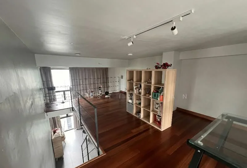 Room features: wood flooring, white painted walls, recessed downlights, open shelving unit, large windows, curtains, glass railing, high ceiling; style: modern; view: city.