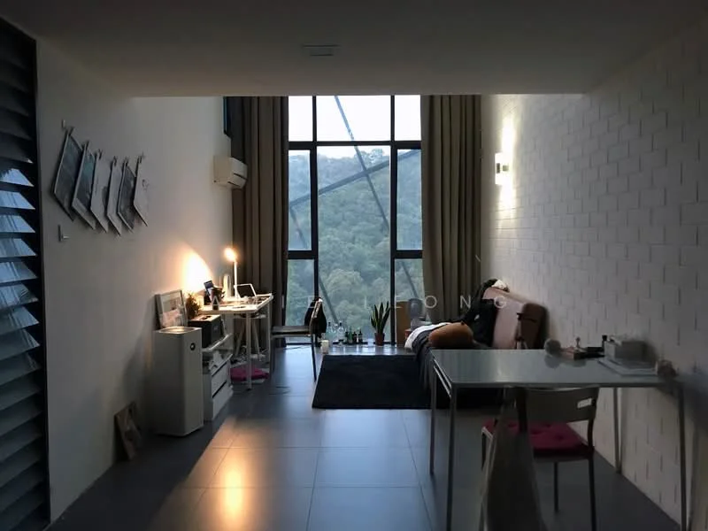 Living features: white painted walls, grey tiled flooring, floor-to-ceiling windows, sheer curtains, 1 wall-mounted split AC, 3-seater fabric sofa in beige, coffee table, area rug, study desk, table lamp, decorative wall art, open shelving, small fridge; style: modern; view: garden.