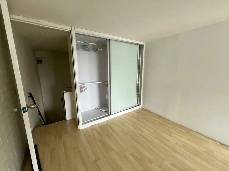Room features: light wood flooring, white painted walls, sliding glass door, built-in wardrobe with sliding doors, natural light from window, minimalist design, no visible furniture; style: minimalist.