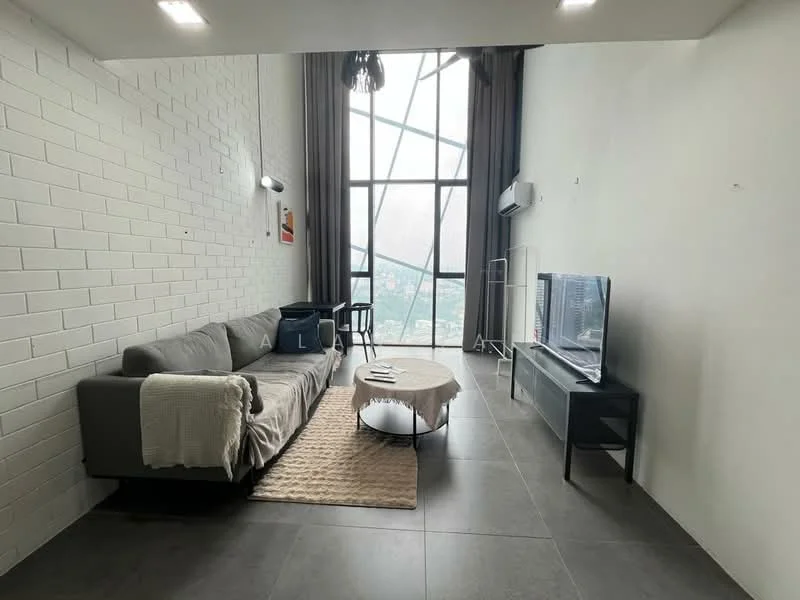 Living features: grey fabric sofa, round coffee table, TV console, wall-mounted TV, large floor-to-ceiling windows, white painted walls, exposed brick wall, recessed downlights, curtains, area rug, air conditioning unit; style: modern; view: city.