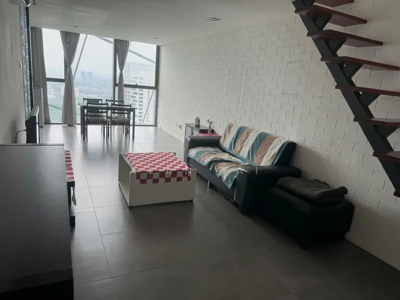 Living features: white painted walls, grey tiled flooring, floor-to-ceiling windows, sofa in black leather, coffee table with checkered pattern, dining table for four, staircase with wooden steps, curtains in grey fabric, decorative items on the table; style: modern; view: city.