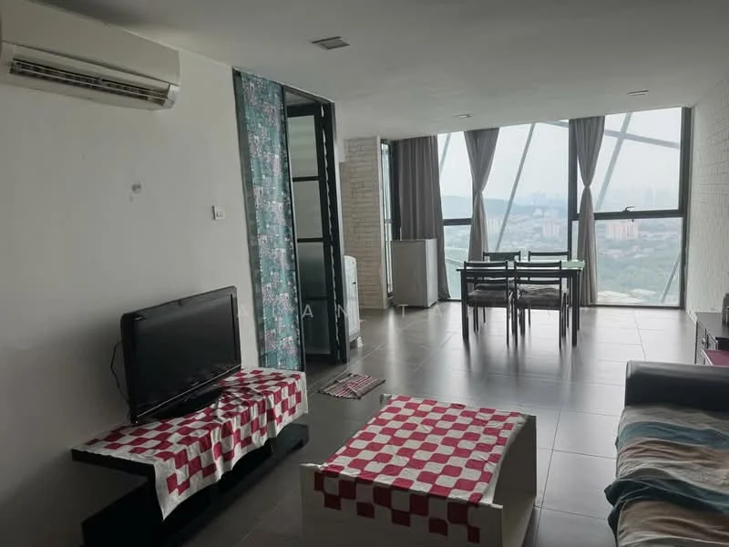 Living features: floor-to-ceiling windows, grey tiled flooring, wall-mounted TV, 1 wall-mounted split AC, sofa with cushions, coffee table, dining table with chairs, curtains, decorative wall panel, open layout; style: modern; view: city.