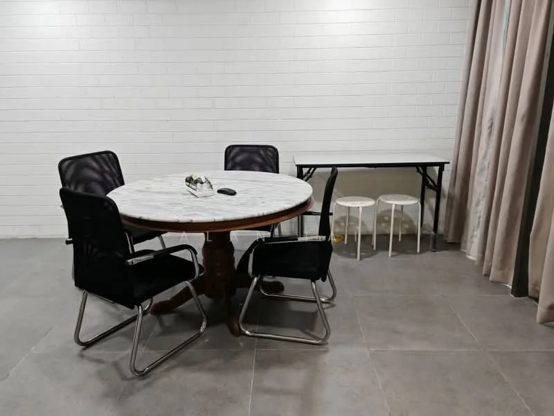 Dining features: round marble dining table, 4 black mesh dining chairs, grey tiled flooring, white painted walls, curtains, folding table, 2 white stools; style: modern.