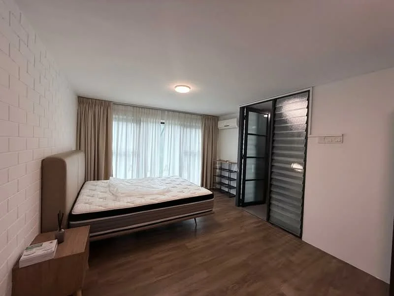 Bedroom features: queen-size bed, upholstered headboard, wooden bedside table, floor-to-ceiling windows, sheer curtains, wood laminate flooring, recessed ceiling light, wall-mounted air conditioning unit, glass sliding door, built-in wardrobe with sliding doors; style: modern.