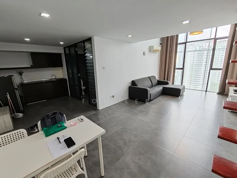 Living features: grey fabric sofa, floor-to-ceiling windows, city view, recessed LED downlights, wall-mounted air conditioning unit, light grey tiled flooring, decorative wall with black slats, open layout to kitchen, area rug, coffee table, TV console; style: modern; view: city. Kitchen features: dark cabinetry, white countertop, stainless-steel sink, built-in oven, 4-burner gas hob, exhaust hood, open layout to living area; style: modern.