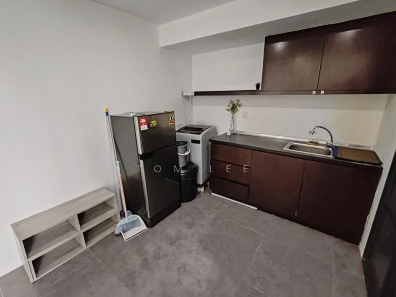 Kitchen features: dark wood cabinetry, stainless-steel sink, chrome pull-down faucet, black refrigerator, front-load washing machine, grey tiled flooring, white walls, countertop with backsplash, open shelving unit, kitchen appliances visible; style: modern.