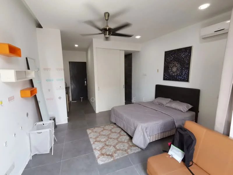 Bedroom features: queen-size bed with grey bedding, upholstered headboard, 2 bedside lamps, ceiling fan with light, wall-mounted artwork, built-in wardrobe, grey tiled flooring, area rug with geometric pattern, sofa in orange, wall-mounted shelves, air conditioning unit; style: modern.