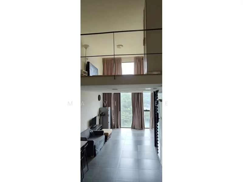 Living features: large floor-to-ceiling windows, curtains in beige, grey fabric sofa, black coffee table, TV console, wall-mounted TV, recessed ceiling lights, tile flooring in light grey, open space to upper level, balcony access, decorative wall, minimalist decor; style: modern; view: garden.
