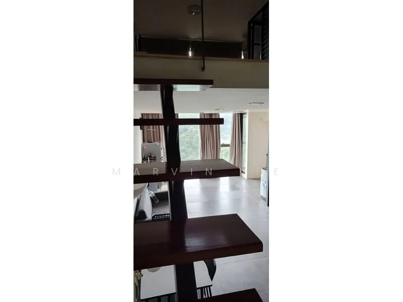 Room features: open staircase with wooden treads, metal railing, large windows providing natural light, curtains, concrete flooring, neutral wall color, ceiling lights; style: modern; view: garden.