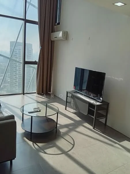 Living features: floor-to-ceiling windows, curtains, 1 wall-mounted split AC, 3-seater fabric sofa in grey, coffee table with circular glass top, TV console, wall-mounted TV, tile flooring, recessed downlights; style: modern; view: city.