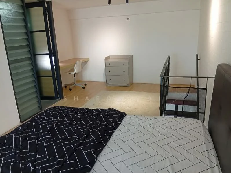 Bedroom features: queen-size bed with patterned bedding, wooden flooring, white painted walls, study desk with chair, chest of drawers, glass railing, large window with louvered shutters, natural light; style: modern.