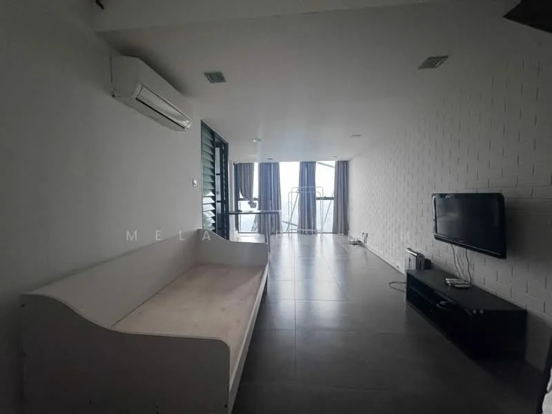Living features: grey tiled flooring, white painted walls, exposed brick accent wall, floor-to-ceiling windows, blackout curtains, wall-mounted TV, TV console, 1 wall-mounted split AC, sofa with white frame, recessed downlights; style: modern; view: city.