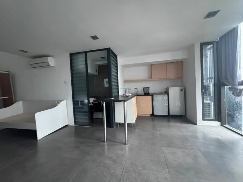 Living features: grey tile flooring, white painted walls, exposed concrete ceiling, floor-to-ceiling windows, sliding glass door, air conditioning unit, built-in kitchen cabinetry, stainless-steel fridge, freestanding stove, kitchen countertop, dining table, bed frame without mattress, curtains, open layout; style: modern; view: city.