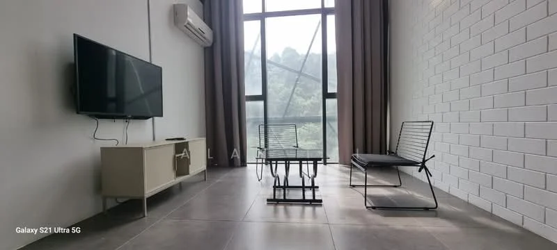 Living features: floor-to-ceiling windows, grey tiled flooring, white painted walls, exposed brick wall, wall-mounted TV, light wood TV console, black metal coffee table, black metal chair, air conditioning unit, curtains, decorative plants; style: modern; view: mountain.