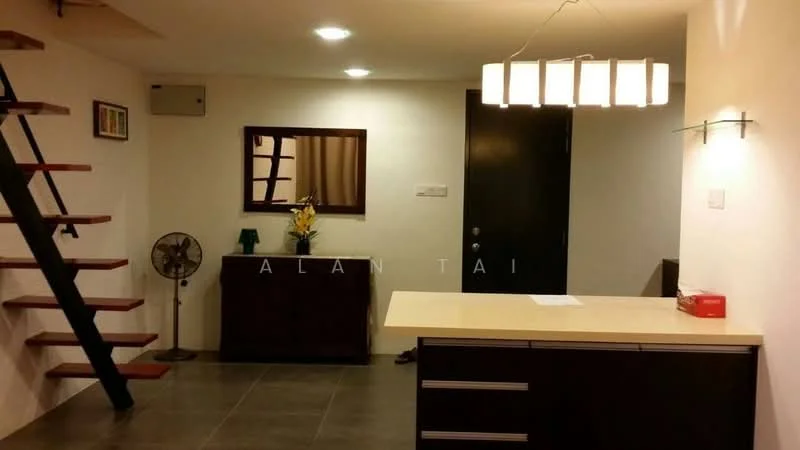 Room features: stainless-steel ceiling fan, recessed downlights, white painted walls, grey floor tiles, wooden staircase, dark wood cabinet, mirror on wall, decorative flower arrangement, countertop with drawers, wall-mounted shelf; style: modern.
