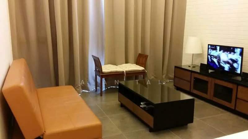 Living features: brown leather sofa bed, black coffee table with glossy surface, wooden TV console, flat-screen TV, light grey tiled flooring, floor-to-ceiling curtains in beige, wooden chair, decorative cushion on chair, white wall with textured finish; style: modern.