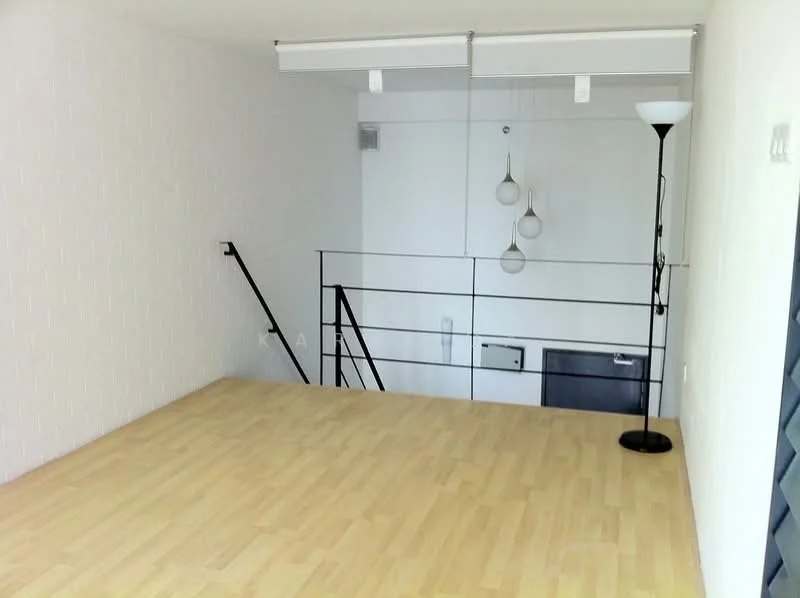 Room features: light wood flooring, white painted walls, black metal railing, hanging pendant lights, floor lamp, open space layout, large windows, minimalist design; style: modern.