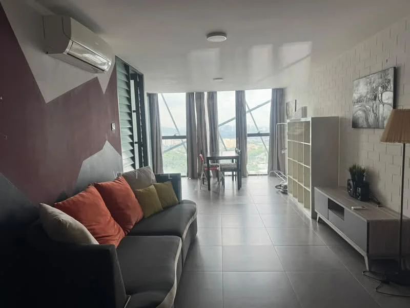 Living features: grey fabric sofa, orange, red, and cream throw pillows, floor-to-ceiling windows, city view, recessed ceiling lights, wall-mounted split AC, light grey tile flooring, white shelving unit, TV console, decorative lamp, dining table with chairs, decorative wall art; style: modern; view: city.