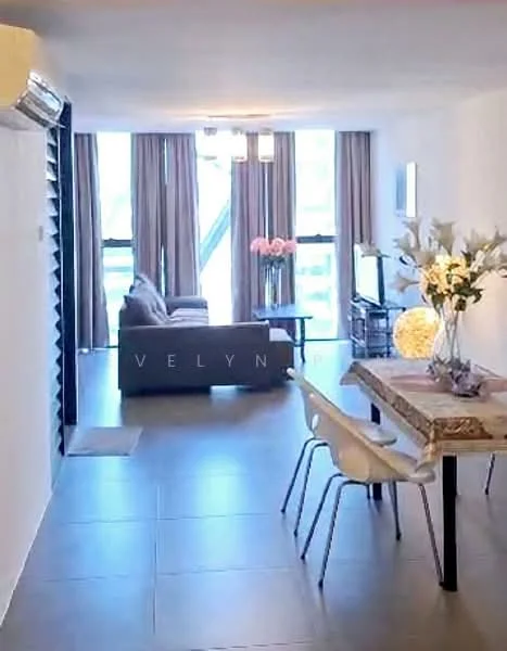 Living features: 3-seater fabric sofa in grey, coffee table, wall-mounted TV, floor-to-ceiling windows, sheer curtains, recessed downlights, area rug, decorative vase with flowers, side table with lamp; style: modern; view: city. Dining features: dining table with decorative tablecloth, 4 dining chairs, decorative centerpiece with flowers, pendant lighting above table; style: modern.