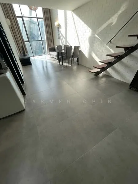 Living features: large floor-to-ceiling windows, grey tile flooring, white painted walls, exposed brick wall, wooden staircase, chandelier, dining table with chairs, natural light from windows; style: modern; view: city.