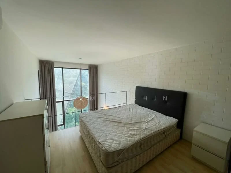Bedroom features: queen-size bed, upholstered headboard, wooden flooring, floor-to-ceiling windows, sheer curtains, pendant light, white painted walls, built-in wardrobe, nightstand; style: modern; view: garden.
