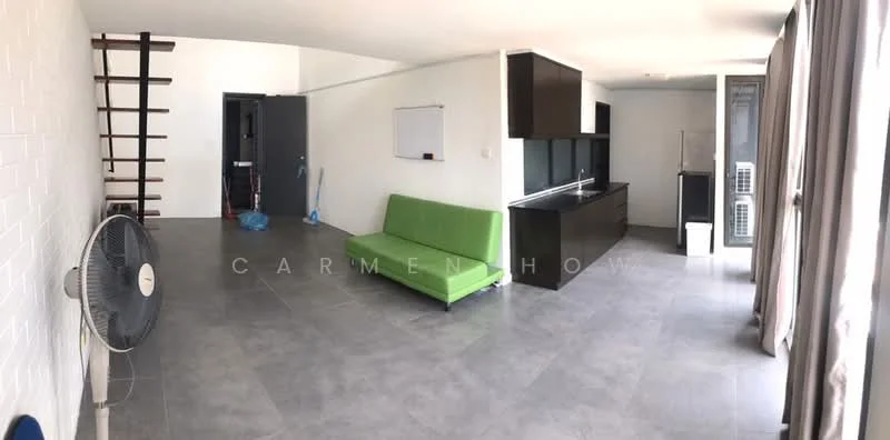 Living features: grey tile flooring, white painted walls, large windows with sheer curtains, green fabric sofa, black cabinetry, kitchenette with countertop, wall-mounted TV, ceiling fan, recessed lighting, open layout, staircase leading to upper level, cleaning supplies visible; style: modern; view: city. Room features: doorway leading to other rooms, broom, mop.