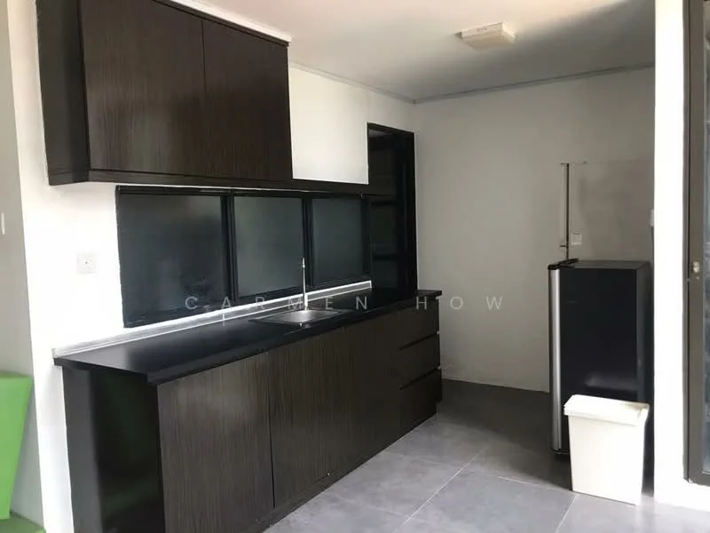 Kitchen features: black cabinetry, grey countertop, single-bowl stainless-steel sink, chrome pull-down faucet, built-in refrigerator, white trash bin, grey tile flooring, wall-mounted cabinets, open shelving, window with black frame; style: modern.