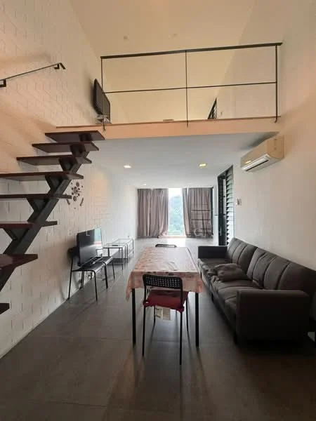Living features: grey fabric sofa, dining table with tablecloth, black dining chairs, TV on wall-mounted bracket, floor-to-ceiling windows, curtains, exposed brick wall, wooden staircase, air conditioning unit, tile flooring, recessed downlights, decorative wall art; style: modern; view: city.