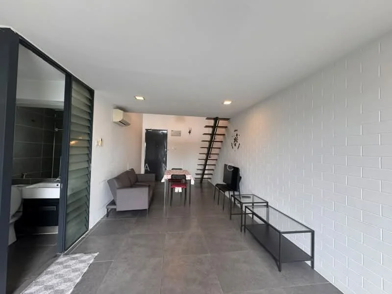 Living features: grey fabric sofa, 2-seater sofa, coffee table, flat-screen TV, wall-mounted TV, tile flooring, white painted walls, recessed downlights, air conditioning unit, open staircase, black metal coffee table, decorative wall art; style: modern.