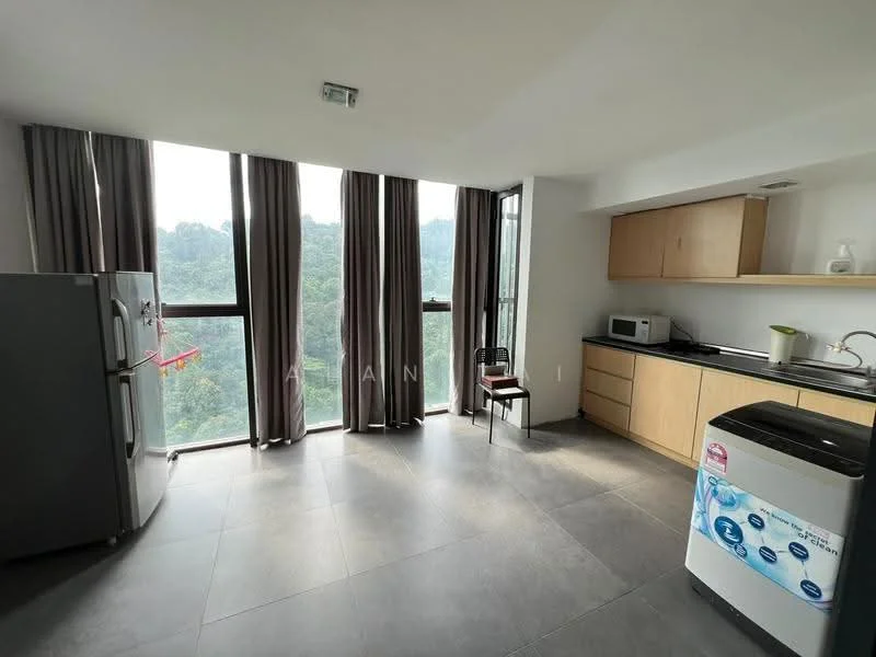 Kitchen features: grey tile flooring, white painted walls, flat-panel wooden cabinets, stainless-steel fridge, built-in microwave, countertop with sink, window with sheer curtains, chair, kitchen appliances, open layout; style: modern; view: mountain.
